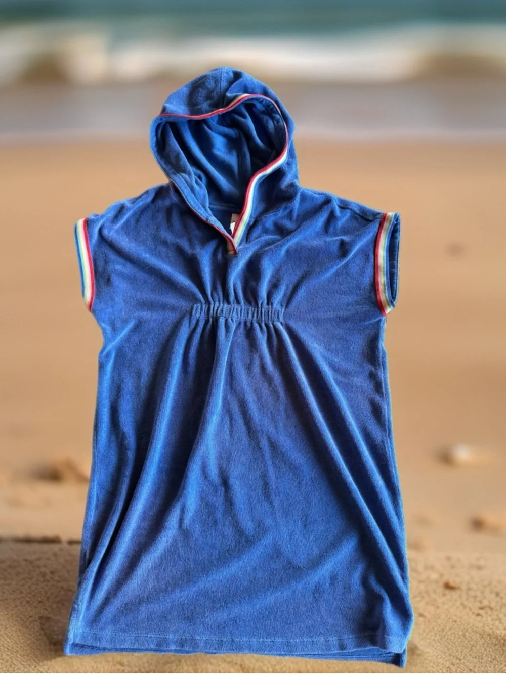 Hanna Andersson Terry Cloth Hooded Cover-Up Dress Blue Rainbow Trim Size 12